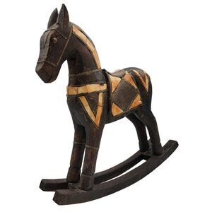 Vintage Wooden Rocking Horse Brass Bone Amour ASIAN Folk Art Toy Decor